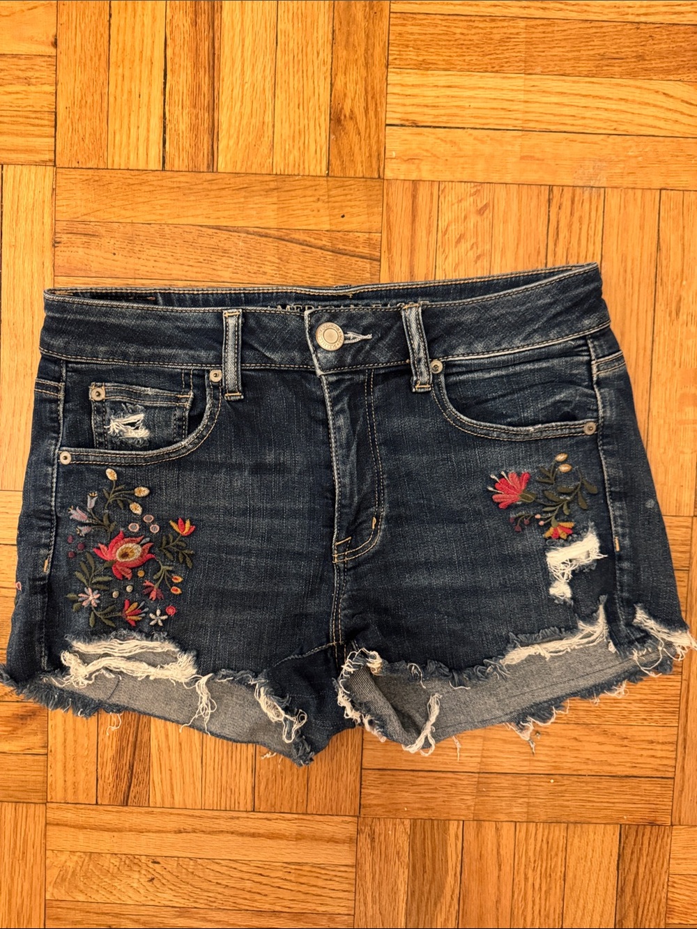 Embroidered Dark Blue Denim Cutoff Shorts